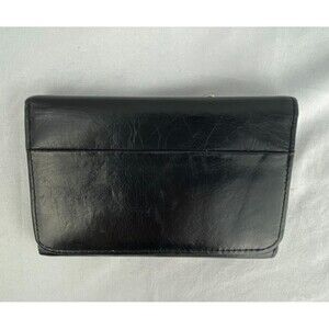 HOBO Jill Leather Wallet Black Trifold Crackled Snap Closure Autumn Leaves